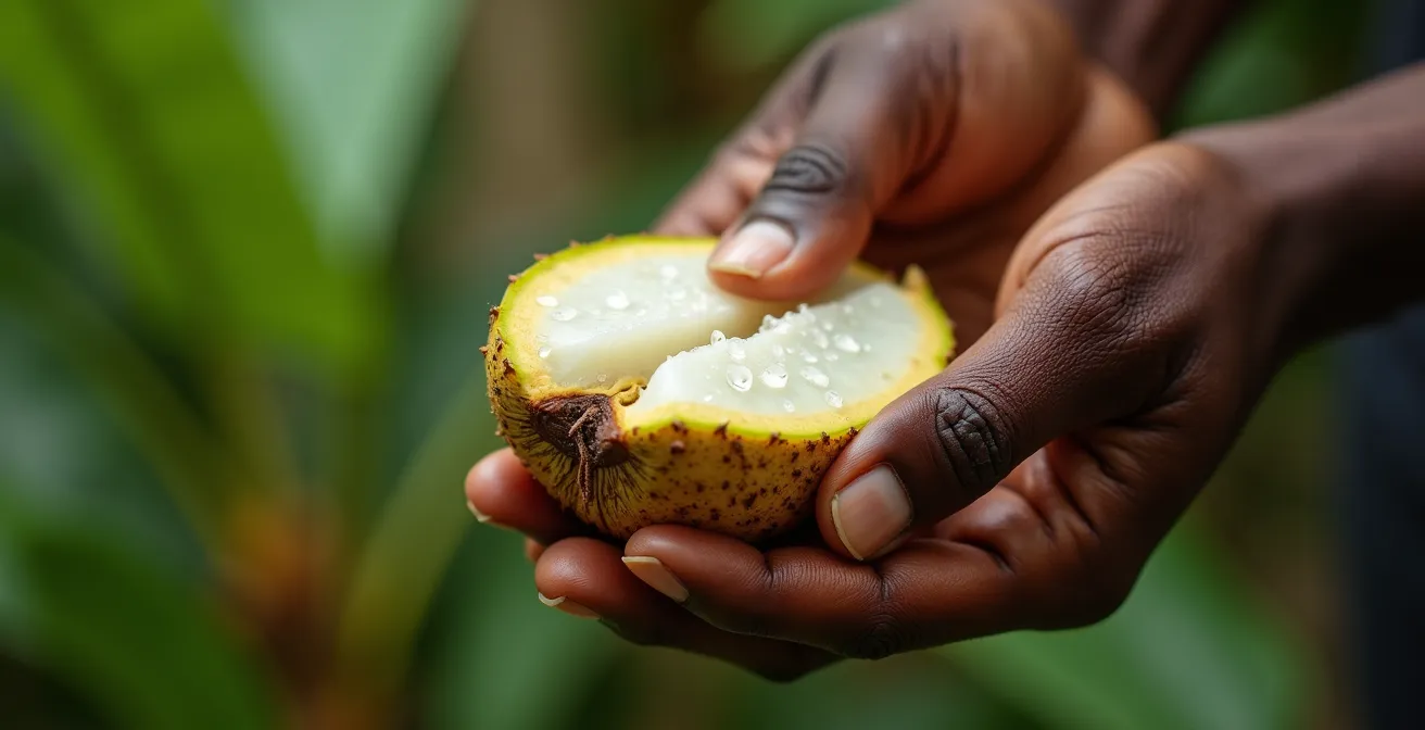 Gros plan sur des mains ouvrant délicatement un longani avec la technique du pouce