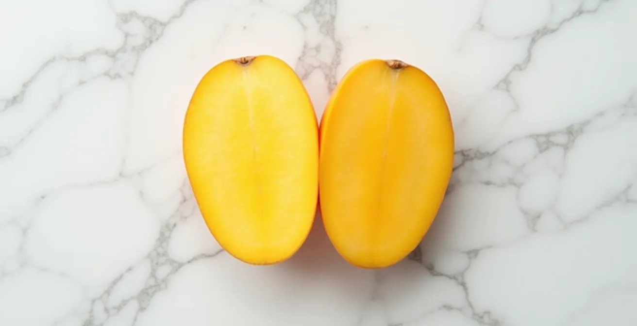 Coupe transversale d'une mangue carotte montrant sa chair ferme et croquante caractéristique
