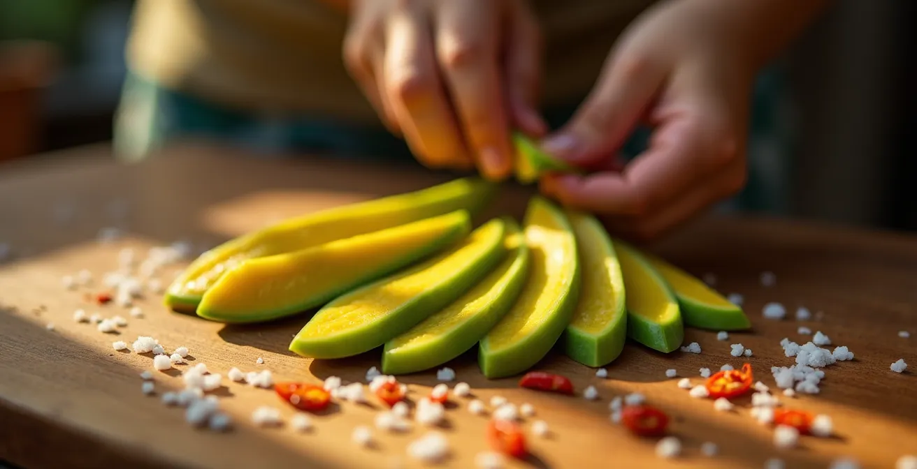 Mangue verte coupée en bâtonnets avec sel et piment sur planche de bois
