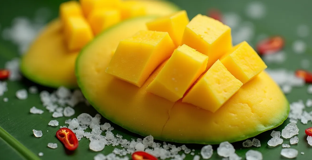 Mangue verte coupée en lamelles avec sel et piment sur une feuille de bananier