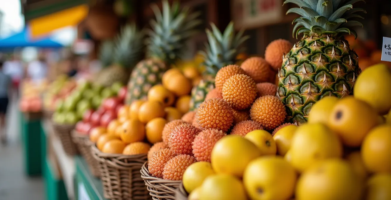 Étal coloré de fruits tropicaux sur un marché forain de La Réunion