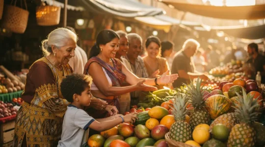 Scène de marché forain réunionnais illustrant la diversité culturelle avec des personnes aux origines métissées partageant un moment convivial