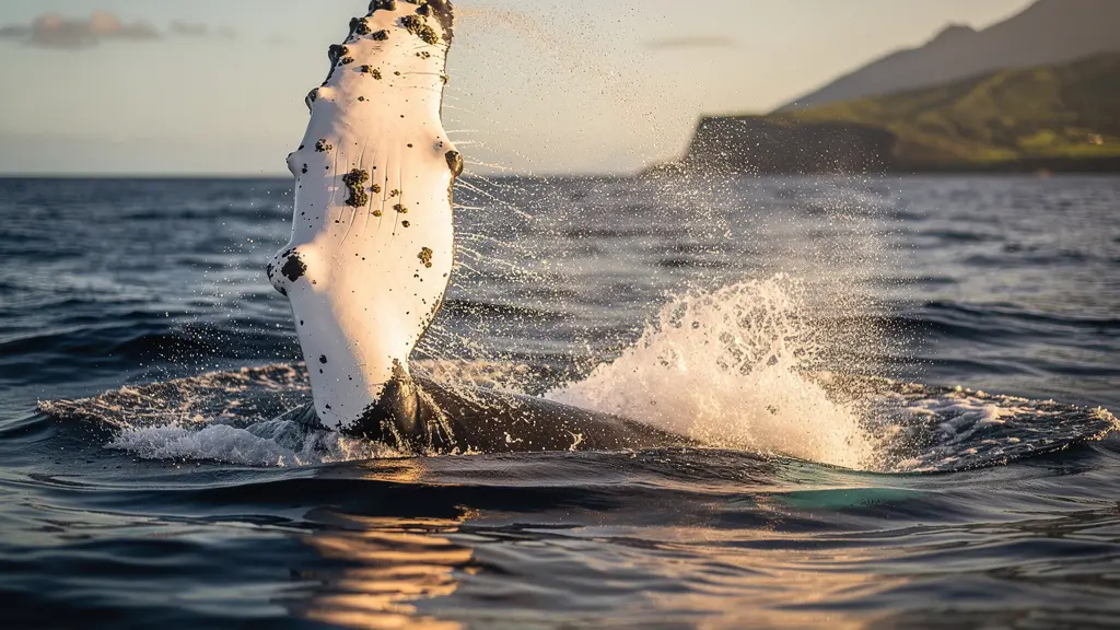 Nageoire pectorale blanche d'une baleine à bosse émergeant de l'eau et frappant la surface de l'océan Indien au large de La Réunion