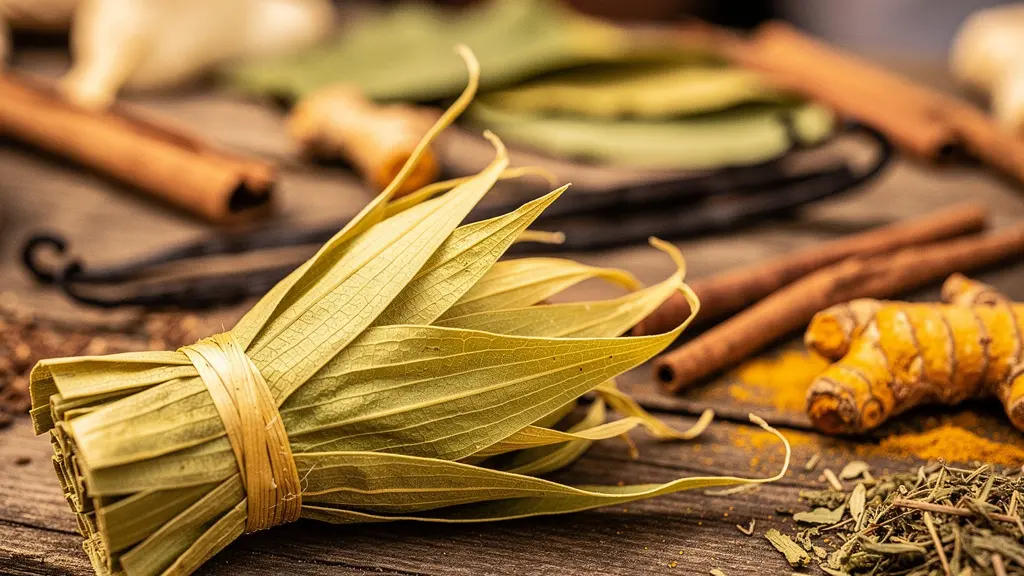 Ballotins de feuilles séchées de faham disposés sur un étal de marché forain réunionnais parmi des épices et plantes médicinales