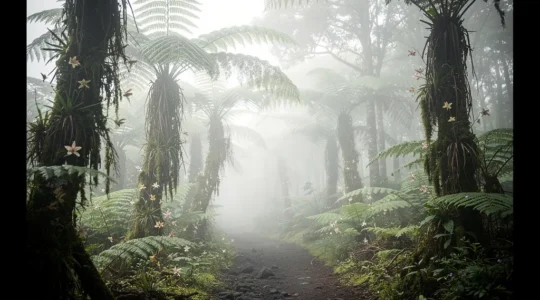Sentier de randonnée traversant une forêt de nuages à La Réunion, entouré de fougères arborescentes et de végétation endémique luxuriante
