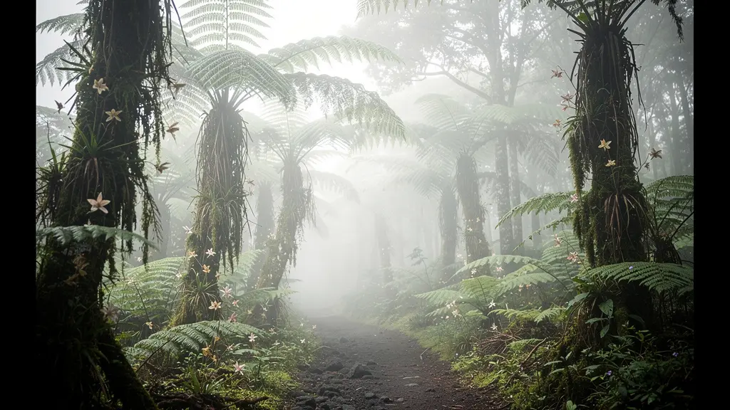 Sentier de randonnée traversant une forêt de nuages à La Réunion, entouré de fougères arborescentes et de végétation endémique luxuriante