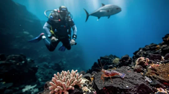 Plongeur en silhouette au-dessus d’un récif volcanique de La Réunion, avec un tombant bleu profond en arrière-plan et une petite faune macro au premier plan.