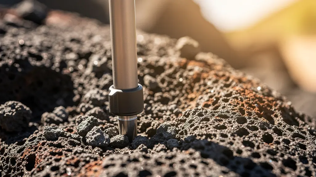 Gros plan sur la pointe d'un bâton de randonnée posée sur une roche volcanique friable de type scorie à la Réunion