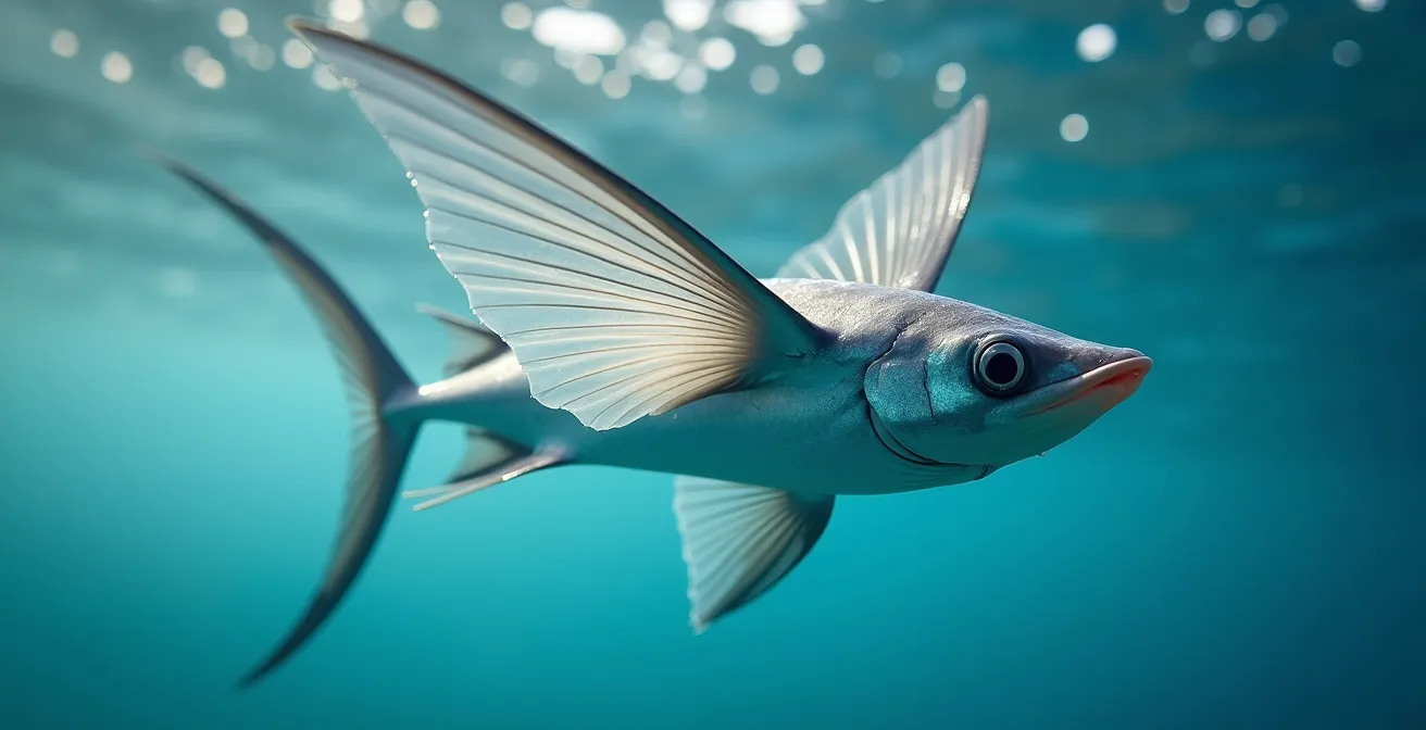 Poisson volant en plein vol au-dessus de la surface de l'océan avec ses nageoires déployées comme des ailes