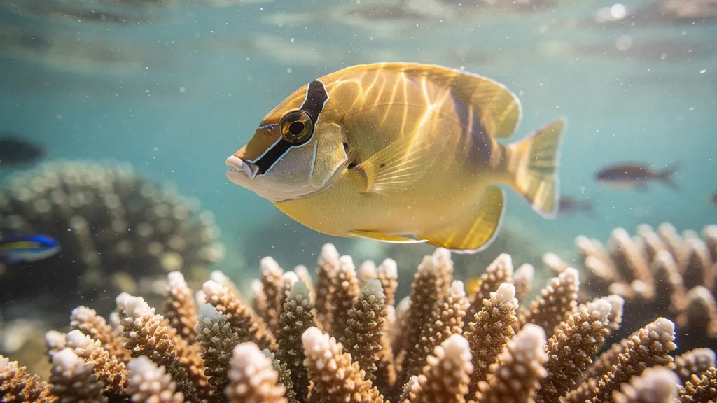 Gros plan macro sur un poisson-papillon jaune nageant entre les branches d'un corail Acropora dans le lagon de La Réunion