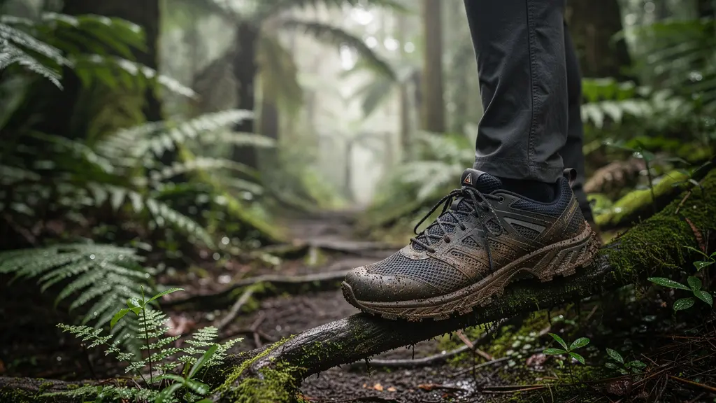 Pied d'un randonneur posé avec précaution sur une racine humide et moussue dans la forêt de nuages de Bélouve à la Réunion