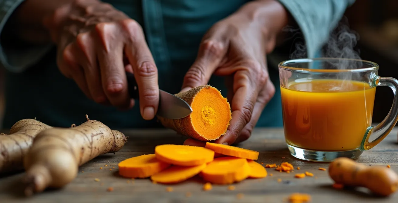 Mains expertes tranchant une racine mère de curcuma à l'intérieur orange vif, à côté d'une tasse de tisane fumante.