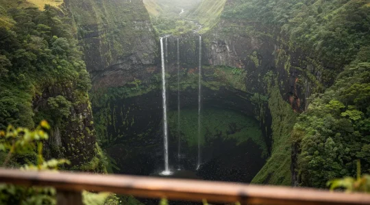 Vue panoramique spectaculaire sur le gouffre du Trou de Fer à La Réunion depuis le belvédère de Bélouve, entouré de végétation luxuriante et de cascades, sous une lumière matinale douce.