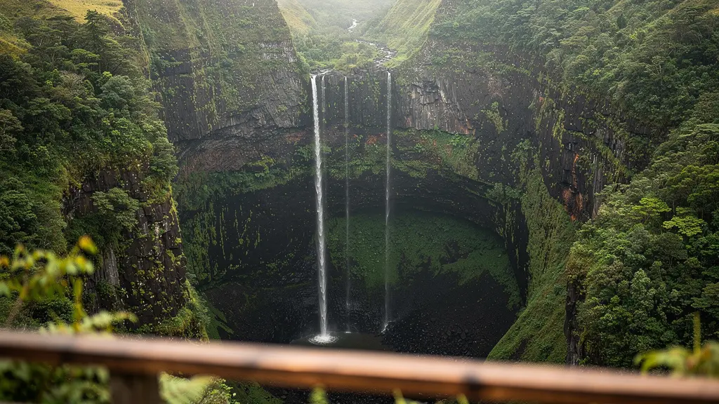 Vue panoramique spectaculaire sur le gouffre du Trou de Fer à La Réunion depuis le belvédère de Bélouve, entouré de végétation luxuriante et de cascades, sous une lumière matinale douce.