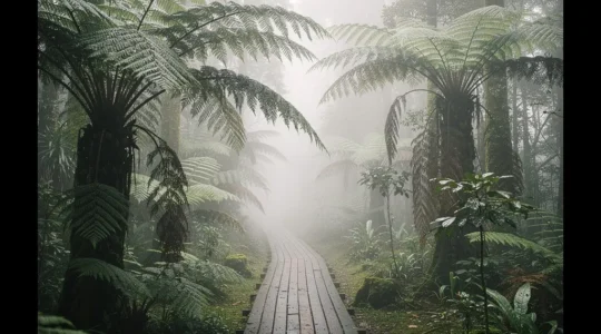 Vue panoramique d'une forêt tropicale brumeuse à La Réunion avec fougères arborescentes et sentier humide
