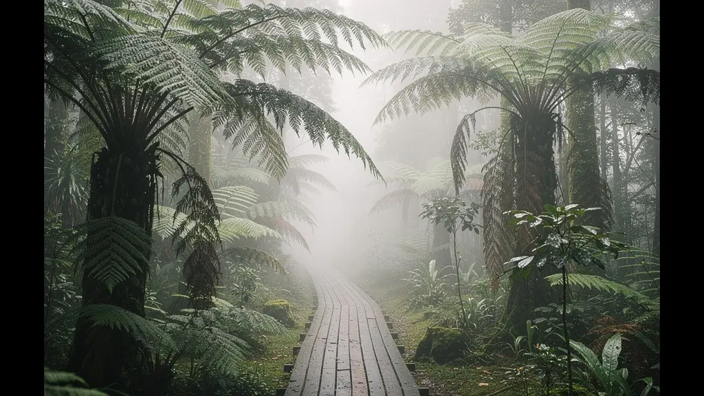 Vue panoramique d'une forêt tropicale brumeuse à La Réunion avec fougères arborescentes et sentier humide