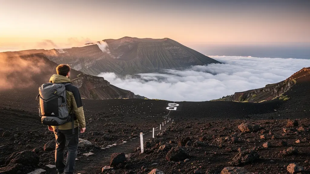 Randonneur équipé progressant sur les scories noires du Piton de la Fournaise avec vue sur le cratère Dolomieu à l'aube