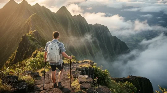 Randonneur gravissant un sentier escarpé sur un rempart volcanique de la Réunion avec vue sur le cirque de Mafate