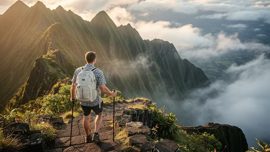 Randonneur gravissant un sentier escarpé sur un rempart volcanique de la Réunion avec vue sur le cirque de Mafate