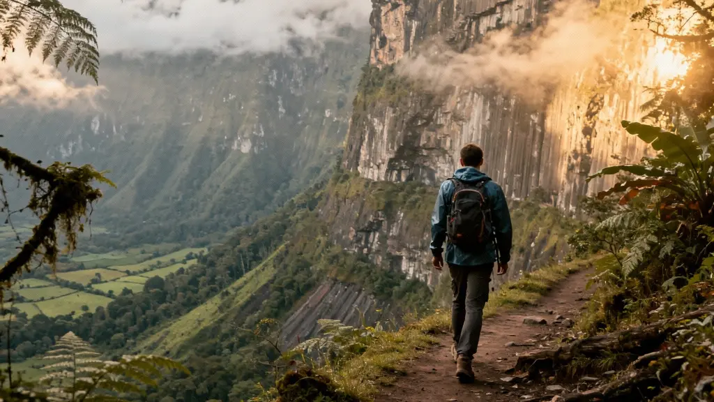 Randonneur solitaire sur un sentier étroit longeant un rempart vertigineux dans un cirque volcanique tropical enveloppé de brume matinale