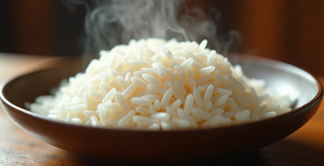 Gros plan sur du riz blanc fraîchement servi formant une base dans une assiette créole