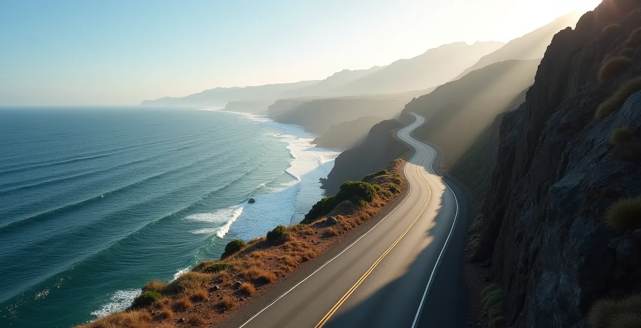 Route côtière sinueuse de La Réunion avec peu de circulation et vue sur l'océan