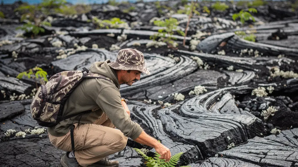 Végétation pionnière colonisant une ancienne coulée de lave noire sur la route des laves dans le Grand Brûlé à La Réunion