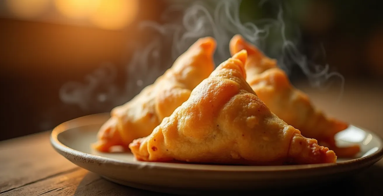 Samoussa doré sortant d'un four avec texture croustillante visible