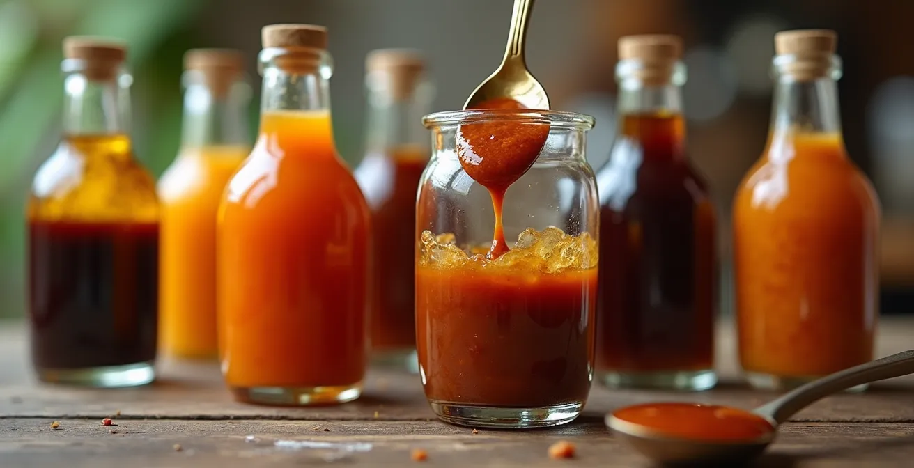 Comptoir de snack réunionnais avec bouteilles de sauces traditionnelles