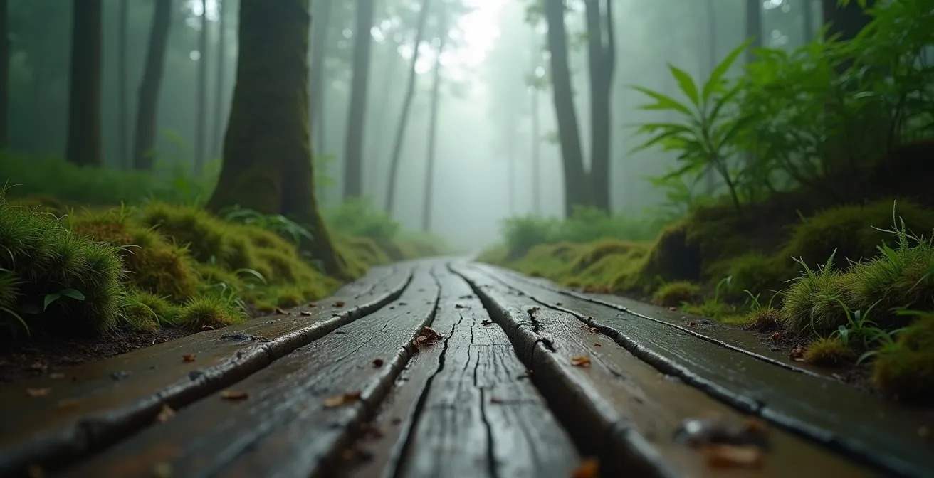 Sentier de caillebotis en bois serpentant à travers la forêt primaire de Bélouve, baignée dans une brume matinale mystique