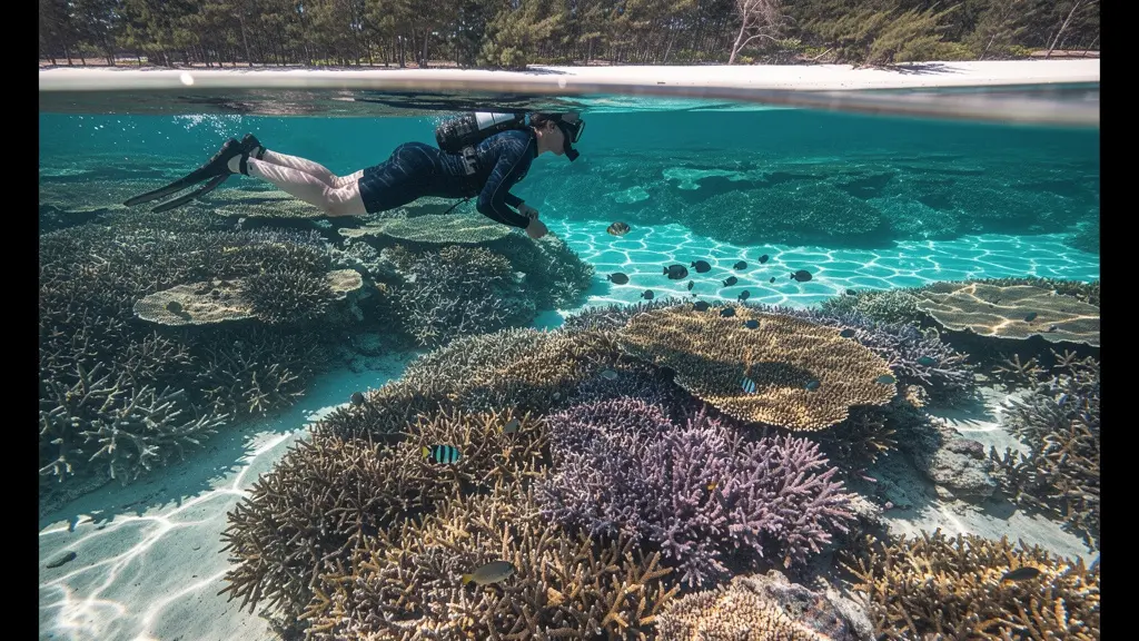 Snorkeler flottant en surface au-dessus de coraux branchus colorés dans le lagon turquoise de La Réunion à marée basse