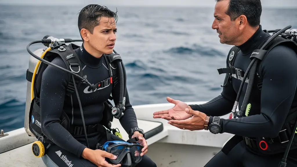 Débutant en combinaison sur un bateau, respirant calmement et écoutant un moniteur avant une première plongée.