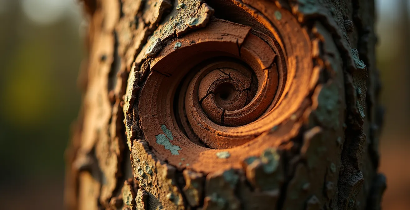 Gros plan sur l'écorce texturée et les formes tortueuses d'un tamarin des hauts