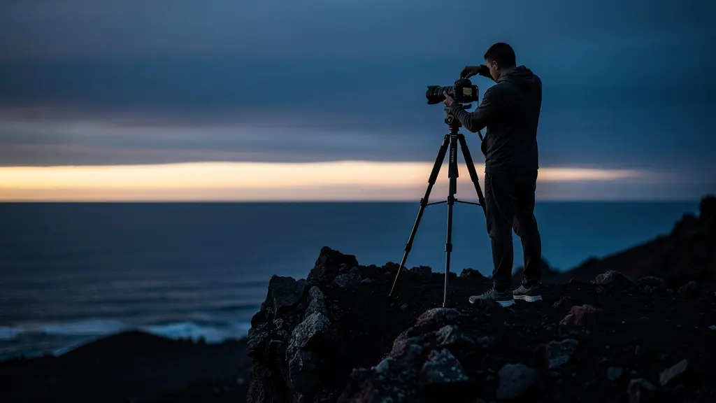 Installation de matériel photo pour time-lapse du lever de soleil sur l'océan