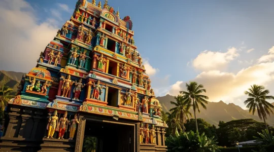 Vue majestueuse d'un gopuram de temple tamoul à La Réunion avec ses sculptures multicolores représentant les divinités hindoues