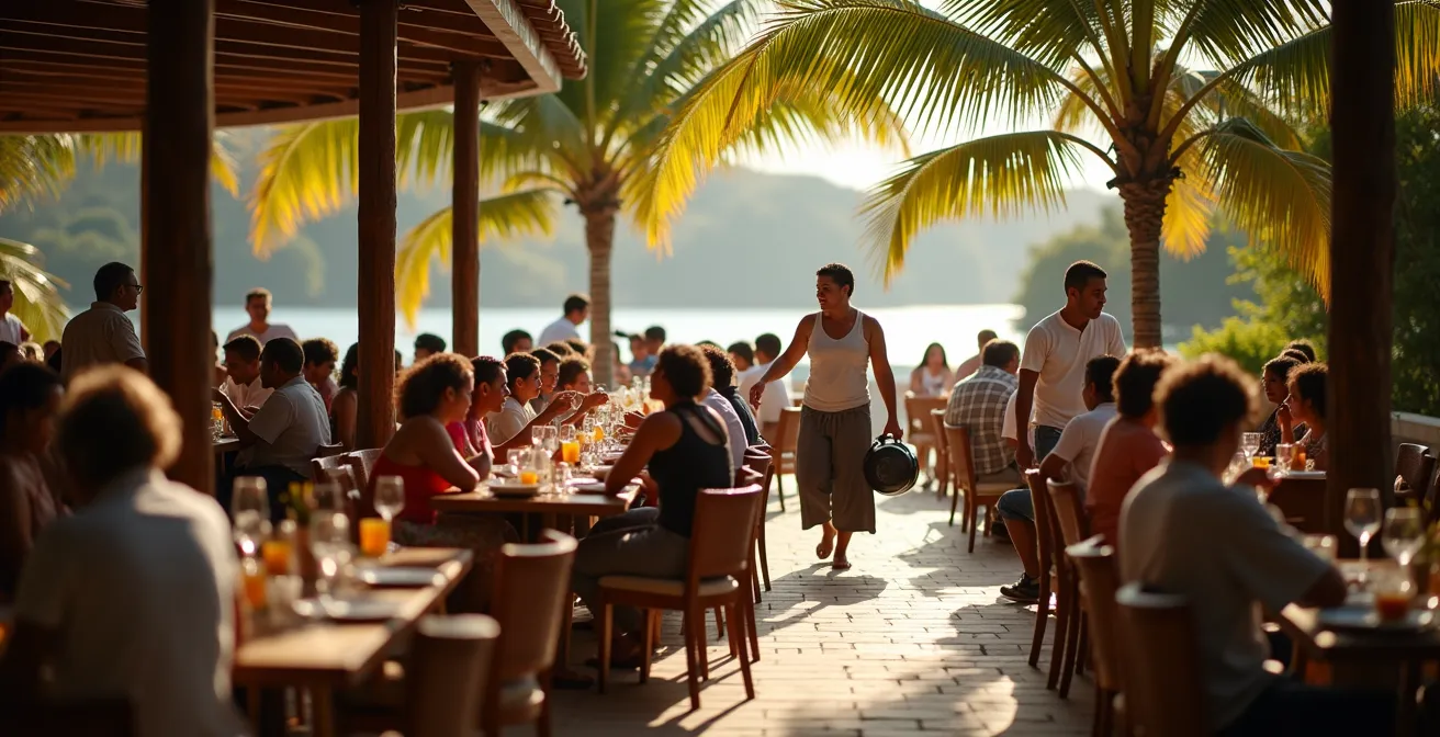 Terrasse animée d'un restaurant créole avec familles réunionnaises attablées un dimanche midi