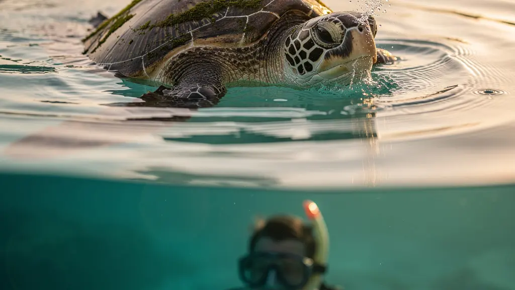 Tortue marine en surface du lagon en train de respirer, vue d'en haut montrant le dôme de sa carapace