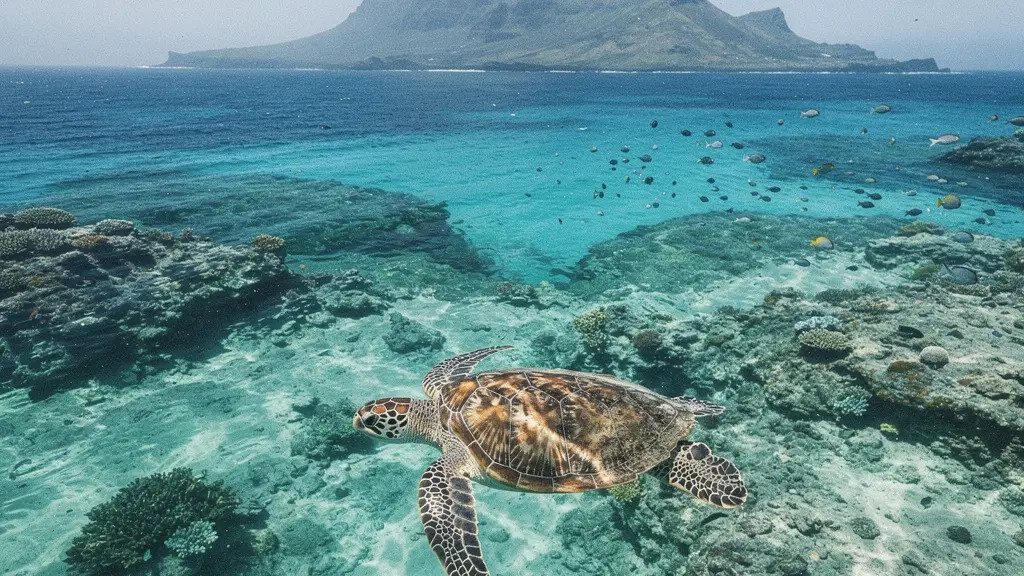 Une tortue verte évoluant paisiblement dans les eaux turquoises du lagon de La Réunion, photographiée à distance respectueuse