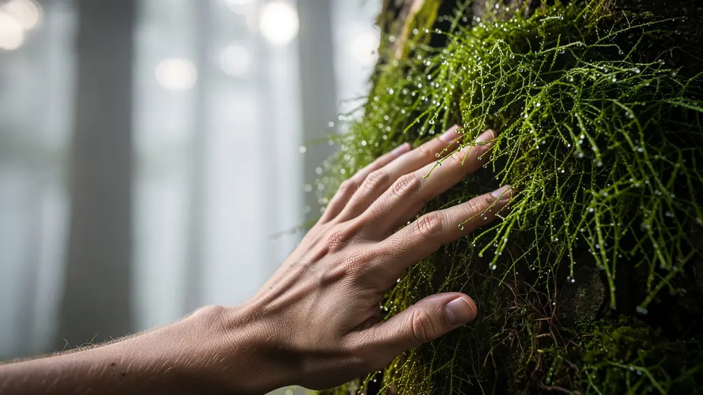 Tronc d'arbre ancien recouvert de mousse épaisse avec gouttelettes d'eau en suspension dans la brume