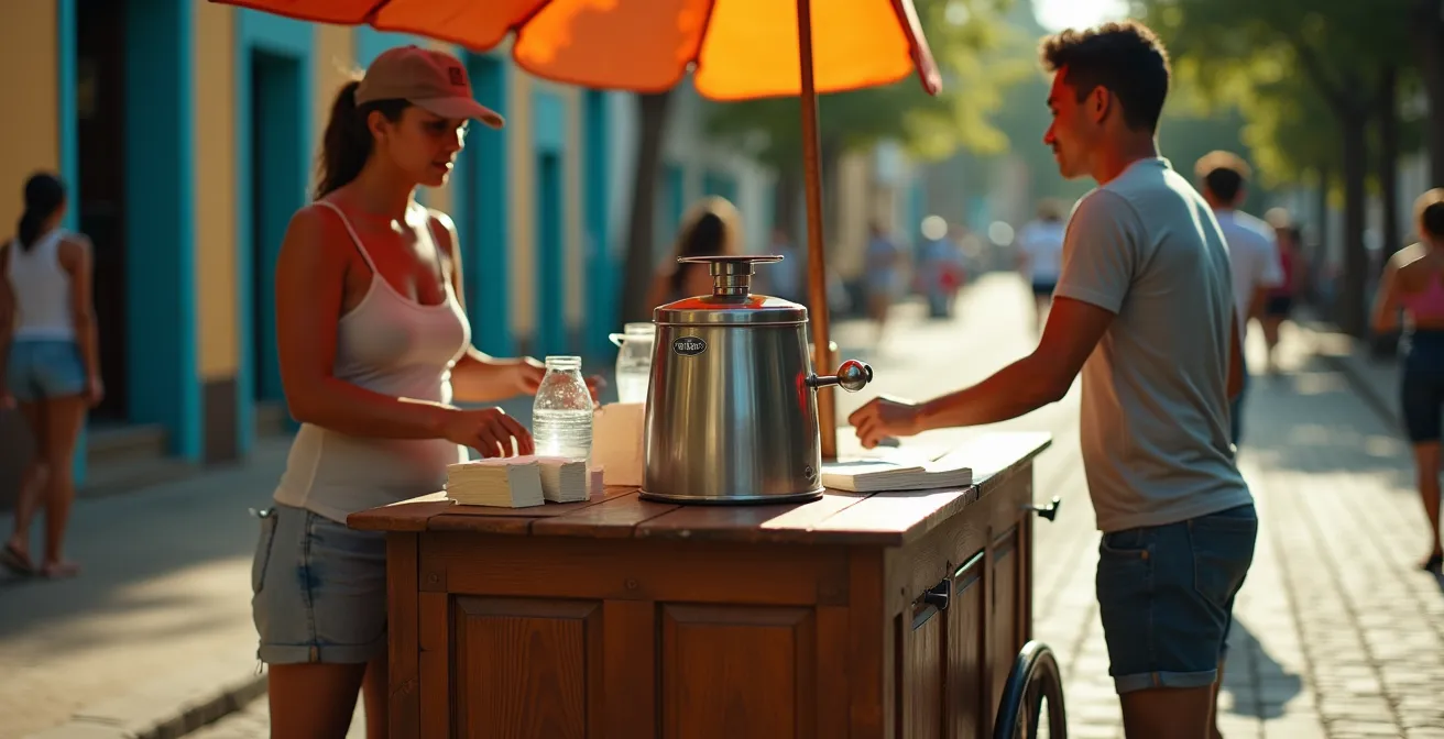 Vendeur de sorbet ambulant avec sorbetière traditionnelle et équipements d'hygiène
