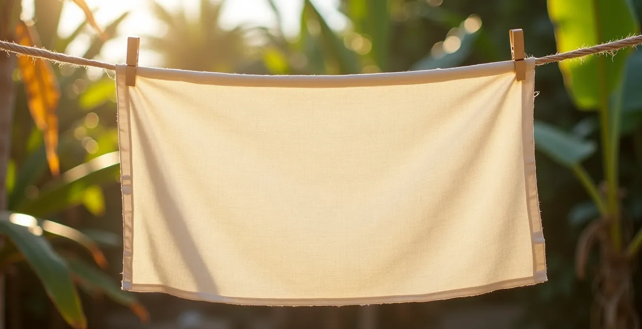 Vêtement blanc séchant au soleil avec une tache de curcuma en cours de disparition, symbolisant une méthode de nettoyage naturelle.