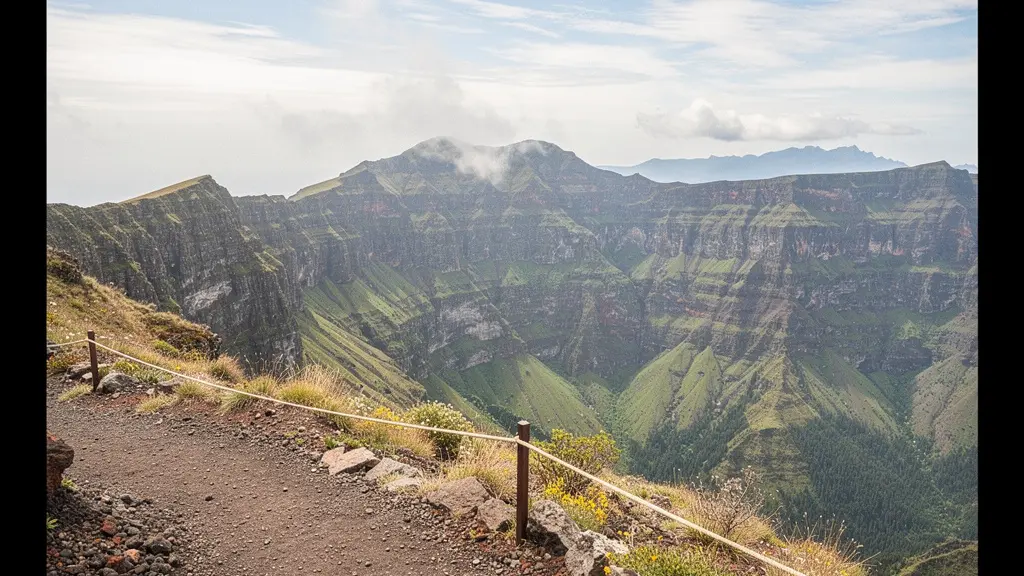 Panorama des pitons et remparts du Parc national de La Réunion avec un sentier balise au premier plan et un large espace de ciel pour du contenu editorial.