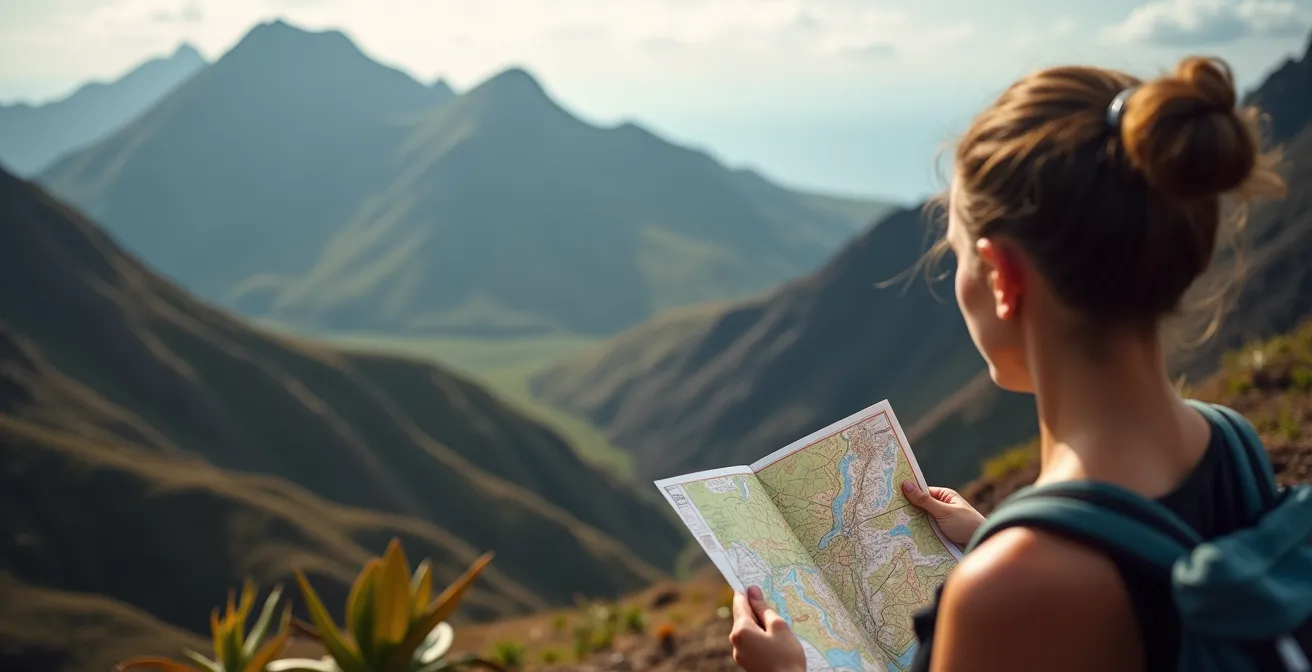 Randonneur consultant une carte dans un cirque de La Réunion avec smartphone en arrière-plan