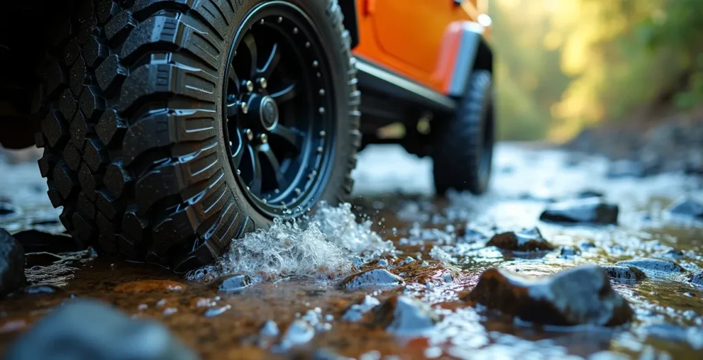 4x4 robuste traversant un gué rocheux dans la Rivière des Galets à La Réunion 4x4 robuste traversant un gué rocheux dans la Rivière des Galets à La Réunion